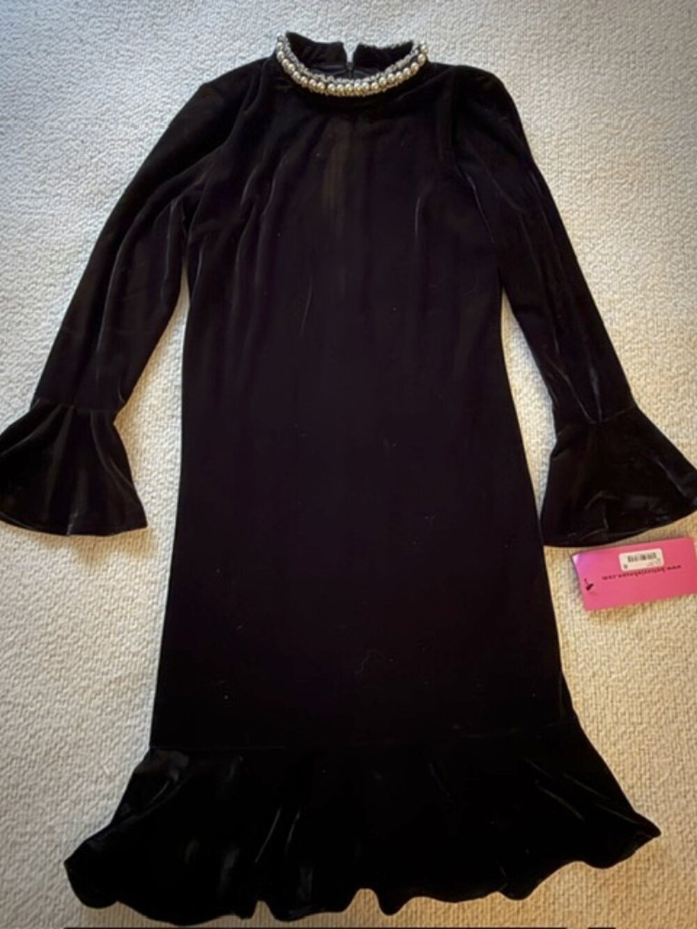 Betsy Johnson, Size 2, Black Velvet dress with pearl/fabric accents on collar.